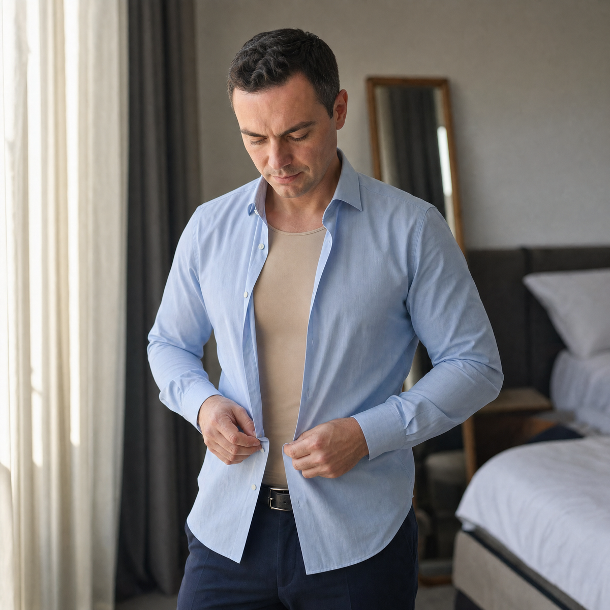 Homme boutonnant sa chemise bleue par-dessus le débardeur Tenue. beige