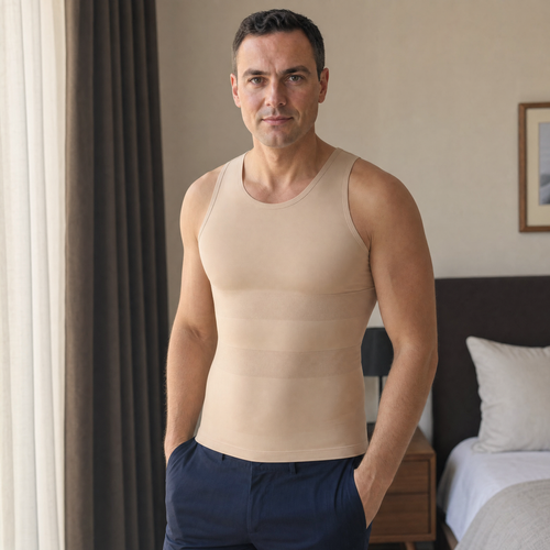 Débardeur de maintien Tenue. beige porté, maille de compression visible